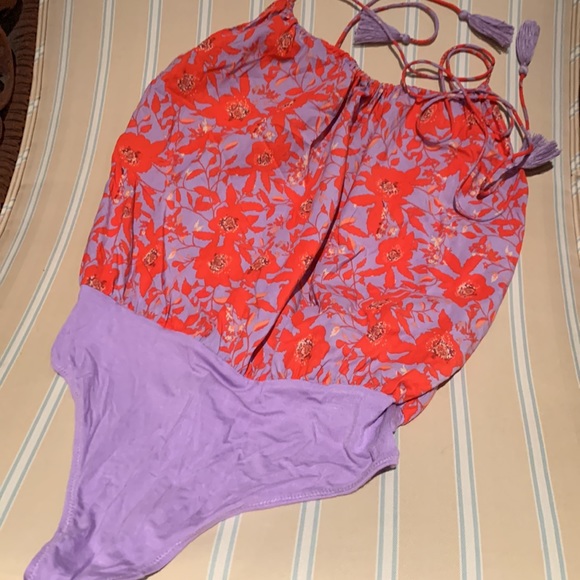 FREE PEOPLE INTIMATELY LIZA BODYSUIT GORGEOUS PRINT PURPLE THONG BOTTOM SIZE S - Picture 7 of 12